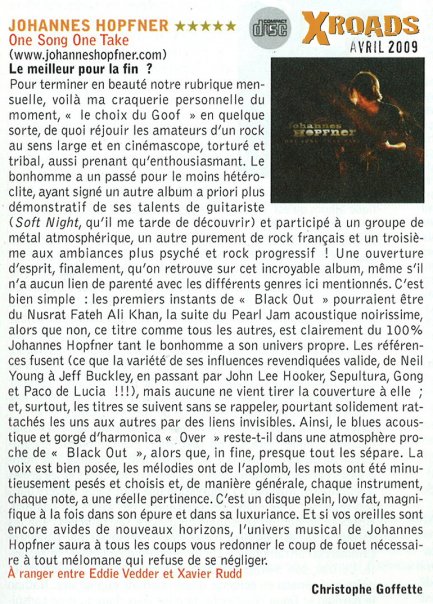 Critique de l'album de Johannes Hopfner One Song One Take dans le magazine spécialisé Crossroads (avril 2009).